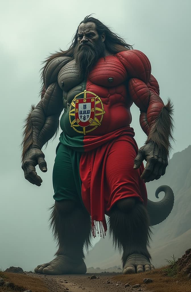  make a portuguese giant monste from portugal with portuguese flag paintings hyperrealistic, full body, detailed clothing, highly detailed, cinematic lighting, stunningly beautiful, intricate, sharp focus, f/1. 8, 85mm, (centered image composition), (professionally color graded), ((bright soft diffused light)), volumetric fog, trending on instagram, trending on tumblr, HDR 4K, 8K