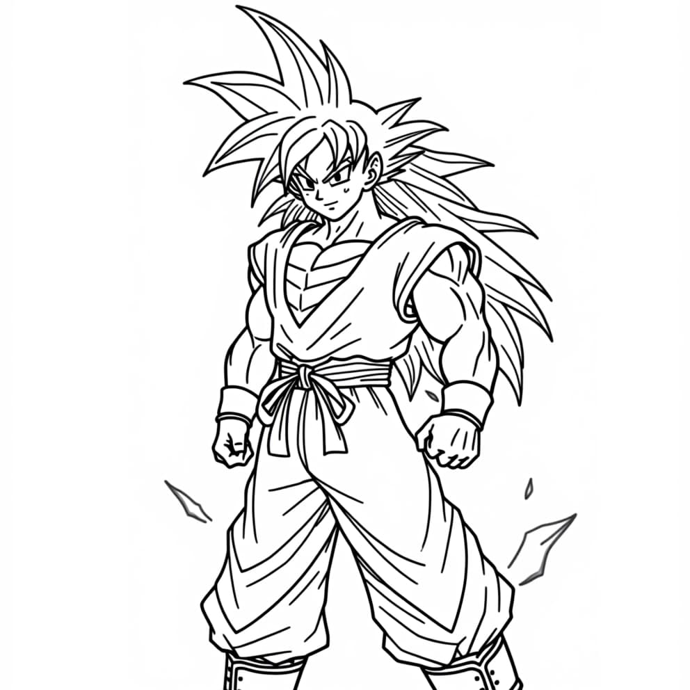  a coloring book page, white background, showing goku, standing in a heroic pose, with flowing hair and a determined expression, ready for battle. detailed muscles, dynamic lines, and clear outlines for easy coloring.