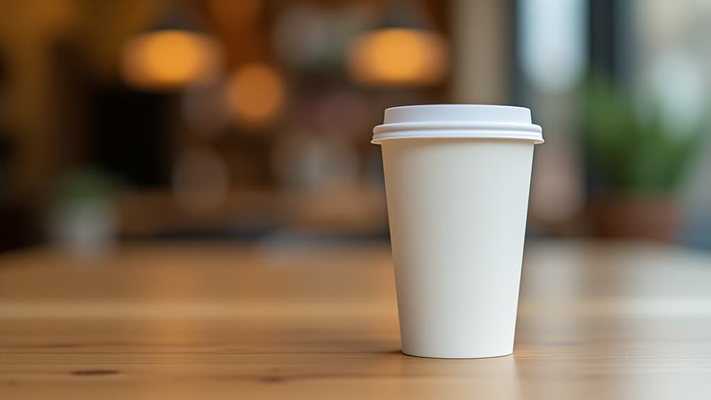  a white to go coffee cup sits on a wooden table in front