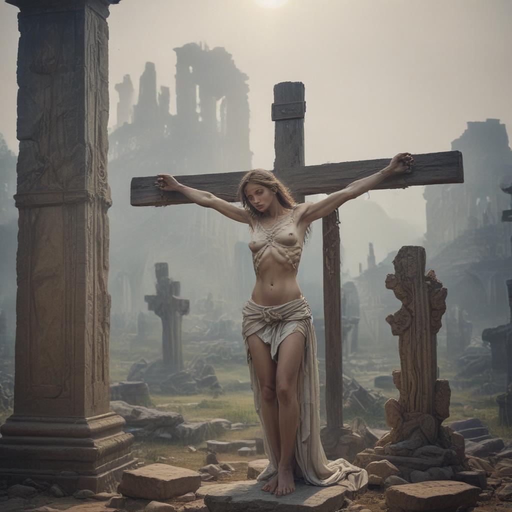 ((masterpiece)), (((best quality))), 8k, high detailed, ultra detailed, a woman crucified, ancient ruins in the background, hinting at historical significance, mystical aura surrounding the scene, intricate details in the architecture hyperrealistic, full body, detailed clothing, highly detailed, cinematic lighting, stunningly beautiful, intricate, sharp focus, f/1. 8, 85mm, (centered image composition), (professionally color graded), ((bright soft diffused light)), volumetric fog, trending on instagram, trending on tumblr, HDR 4K, 8K