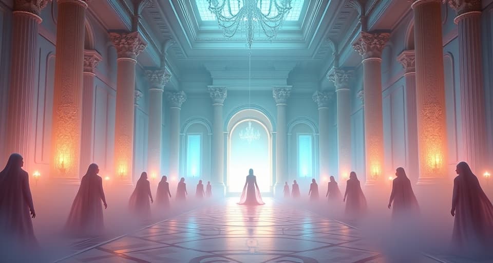  an ethereal courtroom with celestial beings in flowing, glowing attire. magical, transparent architecture, a serene environment with pastel hues and gentle luminescence.. the style is digital art illustration,highly detailed, whimsical,magical, dreamlike atmosphere, realism and fantasy blend, smooth, glossy textures,luminous quality, wonder and enchantment.