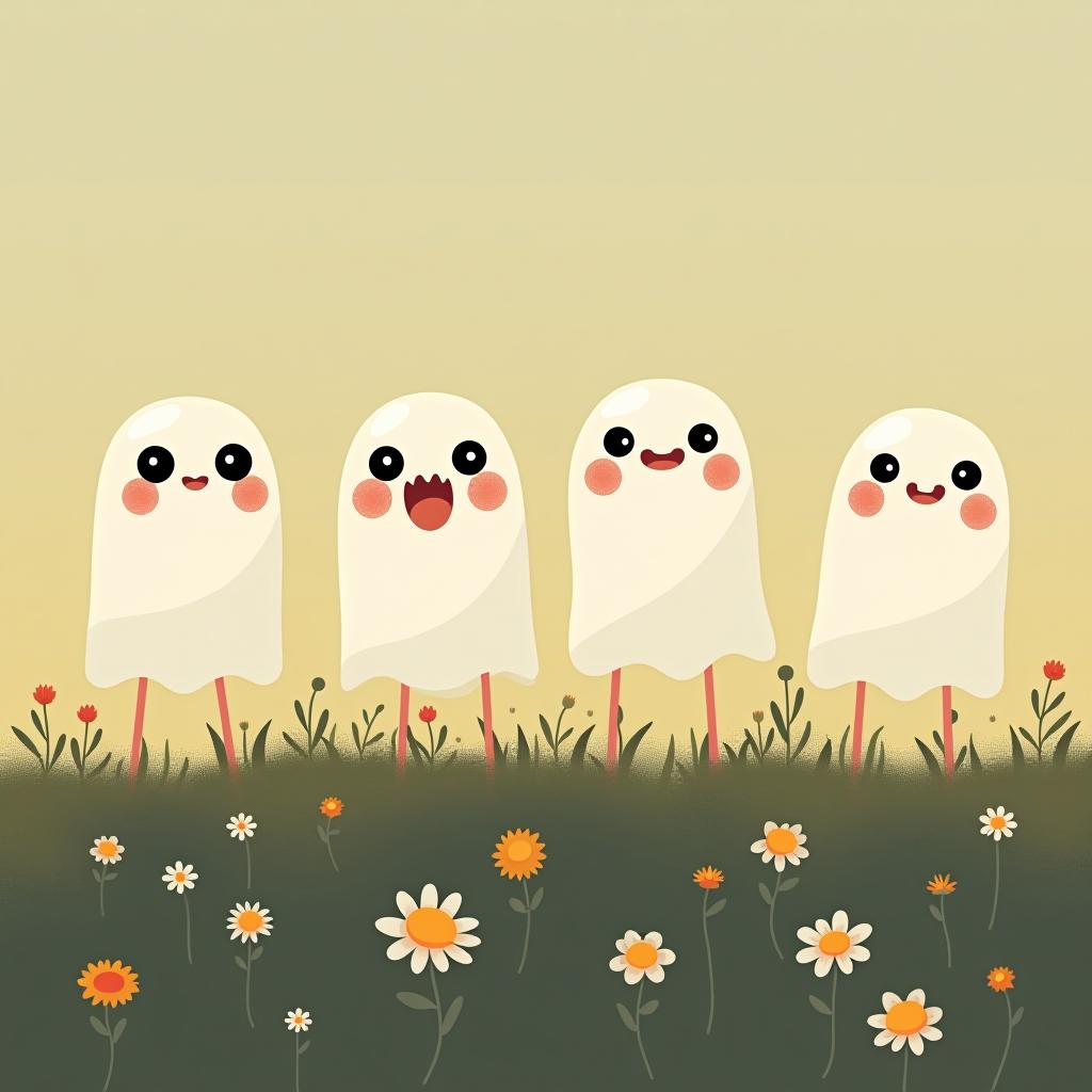  create a digital illustration featuring a row of four or five cute, cartoonish ghost characters, each with a different appearance, standing in different positions within sparse, life like wildflowers.