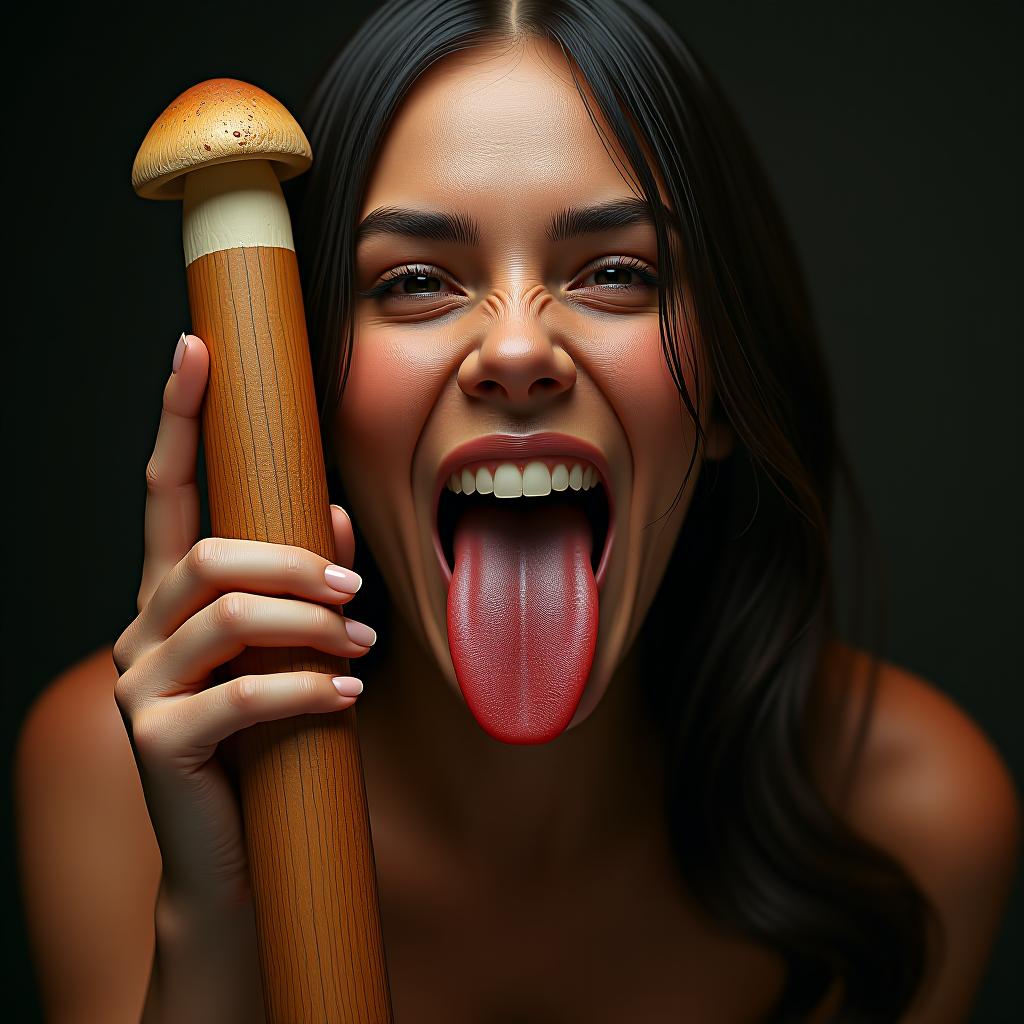  beautiful gal gadot sticking her large flat tongue fully out, covered in sweat, holding a tan colored cylinder with a mushroom at the end photo realistic, highly intricate and detailed, masterpiece, ultra high res,photography,8k resolution