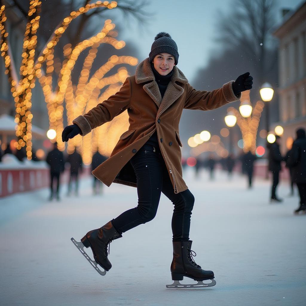  photo, young male figure skater in full growth, skating, on a street rink, in a fur coat and fur hat, against the backdrop of snowy moscow, in the evening, trees decorated with garlands {prompt}, maximum details