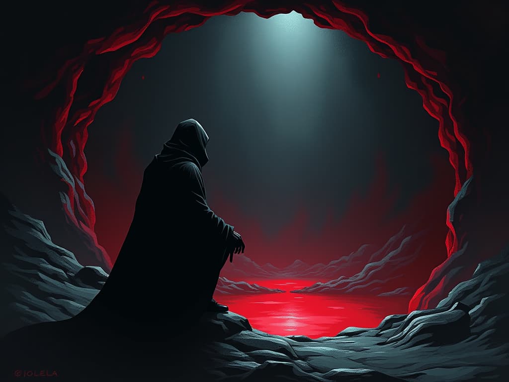  a shadowy figure staring into a dark well, reflection blurry, sense of introspection, turmoil.. the style is dark fantasy and mysterious occult, symbolic, moody lighting, esoteric vibe,high detail on character design. for the color scheme emphasize blacks and reds.