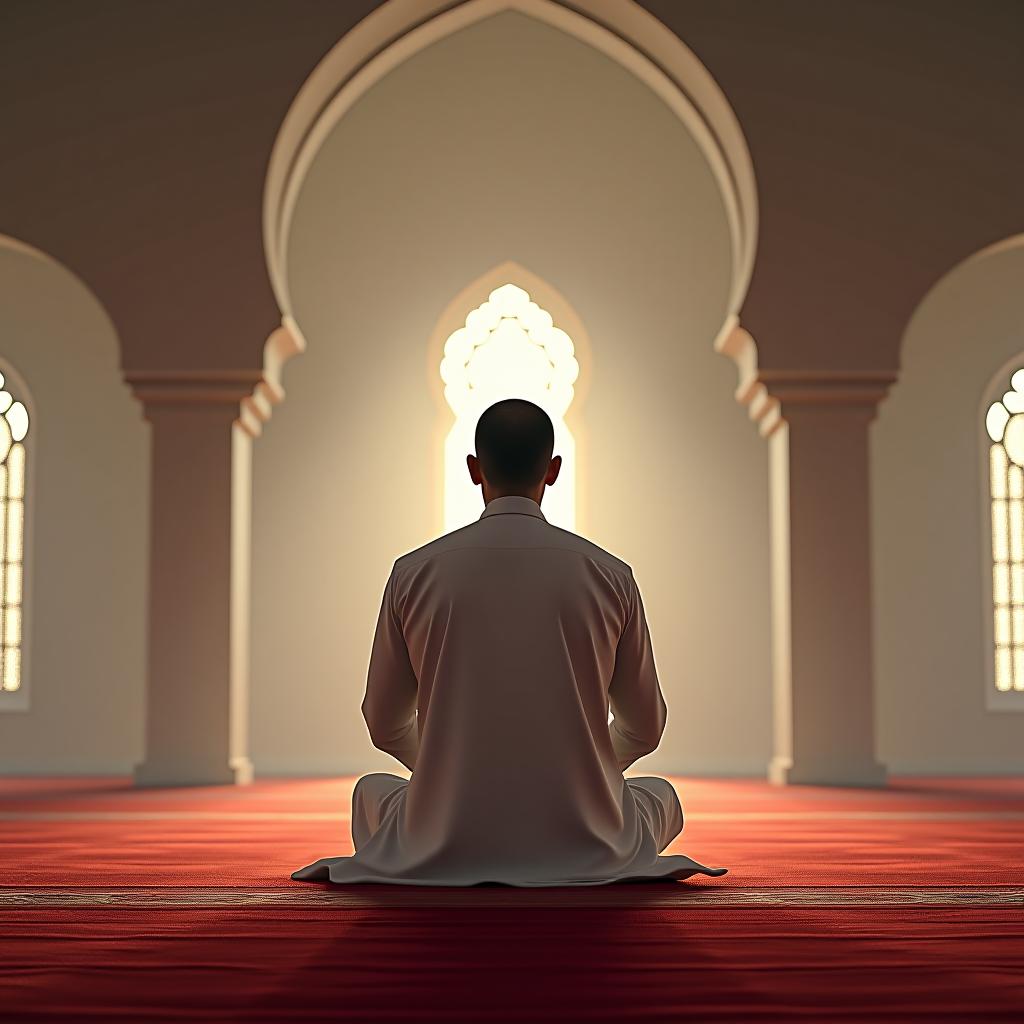  make an image of a man praying to allah in a mosque dressed in white