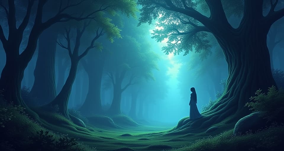  serene scene, luminous glow, mystical forest, ethereal purpose, divine light, otherworldly atmosphere.. the style is digital art illustration,highly detailed, whimsical,magical, dreamlike atmosphere, realism and fantasy blend, smooth, glossy textures,luminous quality, wonder and enchantment.