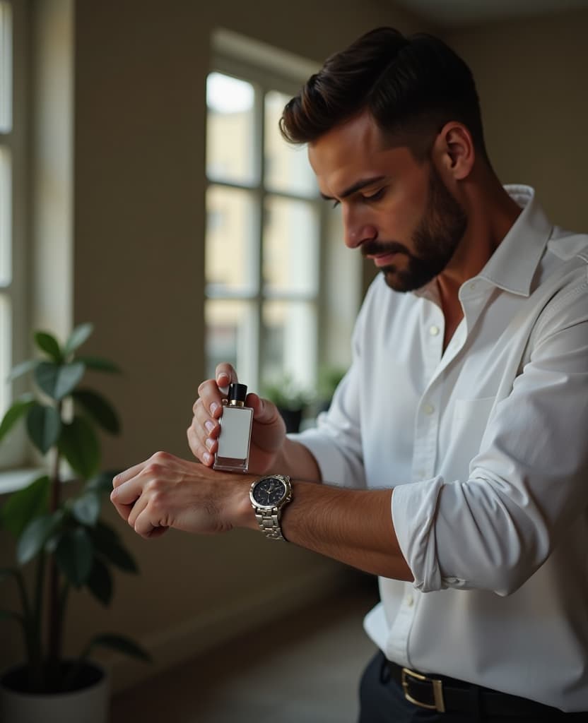  a man demonstrates the process of applying perfume to the wrist with the help of perfume, how easy and convenient it is to use our product in any situation. this emphasizes functionality and usability.