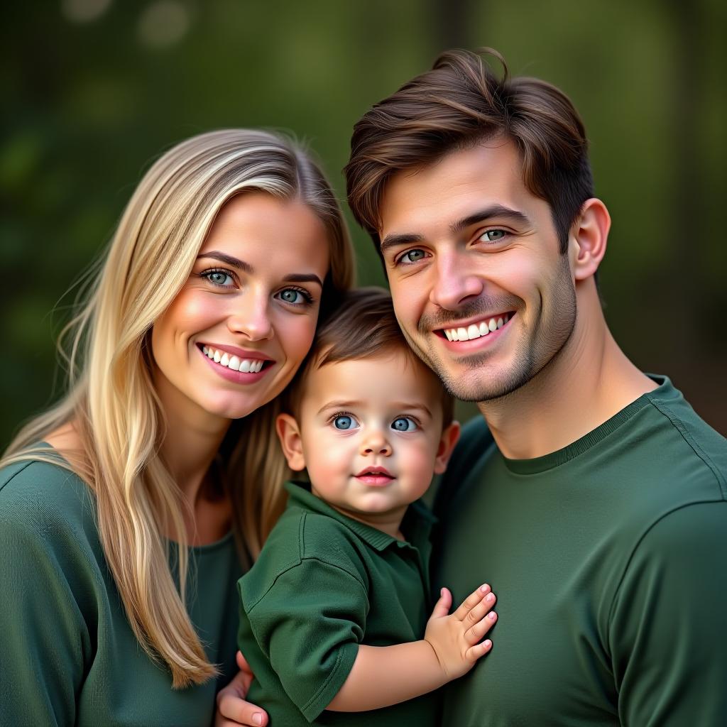  make an image of a blonde woman with a brown haired man and their mixed son wearing green