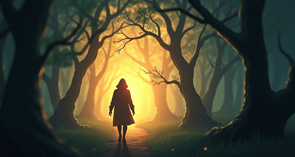  a shadowy individual diminishing as they walk away from a glowing, ethereal being. mystical forest, transformative, introspective atmosphere.. the style is digital art illustration,highly detailed, whimsical,magical, dreamlike atmosphere, realism and fantasy blend, smooth, glossy textures,luminous quality, wonder and enchantment.