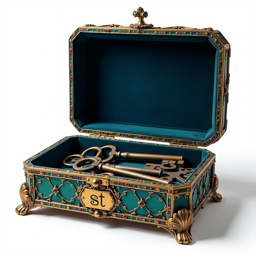  i look into a large, open, ancient, elegant box with a gold edging inlaid with emeralds, sapphires, rubies stuffed with keys and tools. located flat, full face, right in front of my face inside a dark blue velour. on the case of the box is a tag that says "st" in gold. clear image of white background