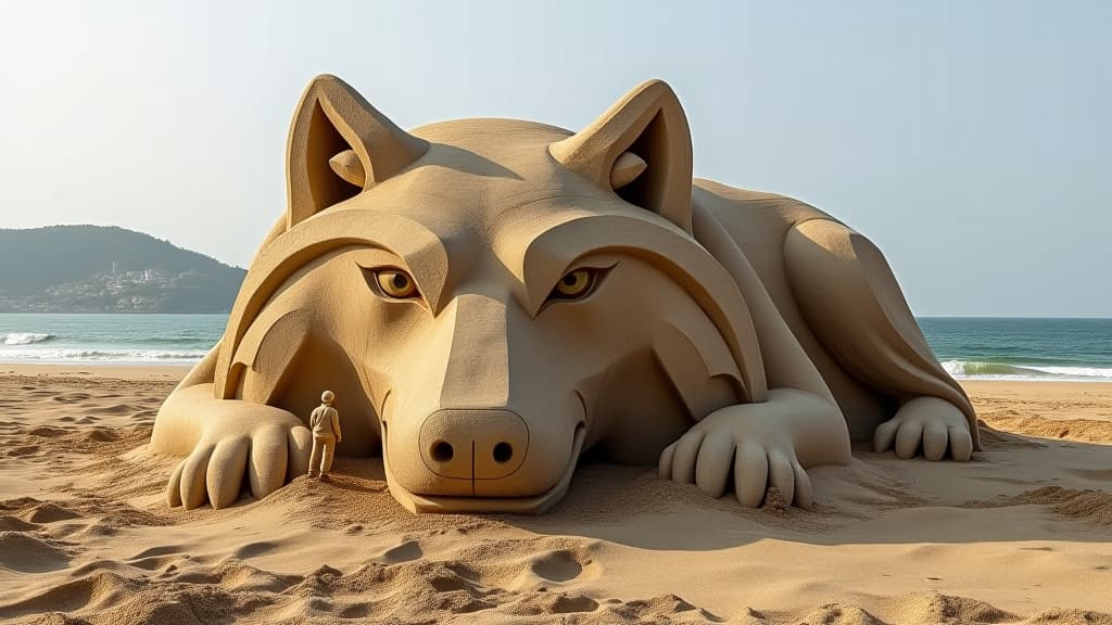  a large sand sculpture of a wolf's head on a beach, with a small figure