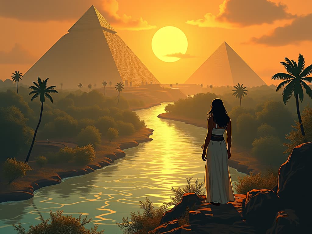  wellspring of greatness, symbolized by a flowing golden river, lush landscape on its banks, flanked by pyramids, aura of inherent potential. the style is digital art illustration / modern comic book / mysterious occult, symbolic, esoteric vibe,high detail on character design, incorporating ancient egyptian symbology and attire.