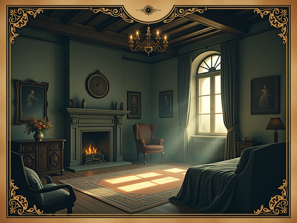  a room filled with serene light, everything in order and balance, comfort and refuge, sense of peace reigning, atmosphere of sanctuary. an illustration in the style of a worn, mystical old tarot trump card, mysterious and elements of surrealism. the colors are muted, somber and eerie, but with contrast bring out an occult and esoteric vibe.