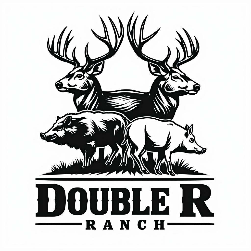  design a logo, sleek black and white logo design which incorporates a deer , a turkey and a wild hog, with 2 letter r facing back to back in the forefront. the text title is “double r ranch”