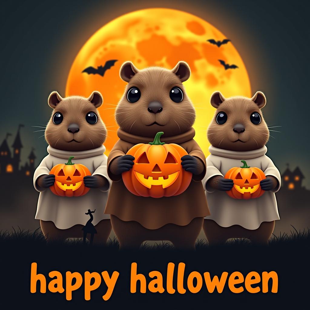  three capybaras wearing ghost shirts in a spooky halloween scene. each capybara has big black eyes. the middle capybara holds a large carved pumpkin, and the other two hold smaller carved pumpkins. the background features a large orange moon with black silhouettes of bats, haunted houses, and trees. below the capybaras, the word 'happy halloween' is written in a bold, stylized font. the overall style is fun and cartoonish with a glossy finish. hyperrealistic, full body, detailed clothing, highly detailed, cinematic lighting, stunningly beautiful, intricate, sharp focus, f/1. 8, 85mm, (centered image composition), (professionally color graded), ((bright soft diffused light)), volumetric fog, trending on instagram, trending on tumblr, HDR 4K, 8K