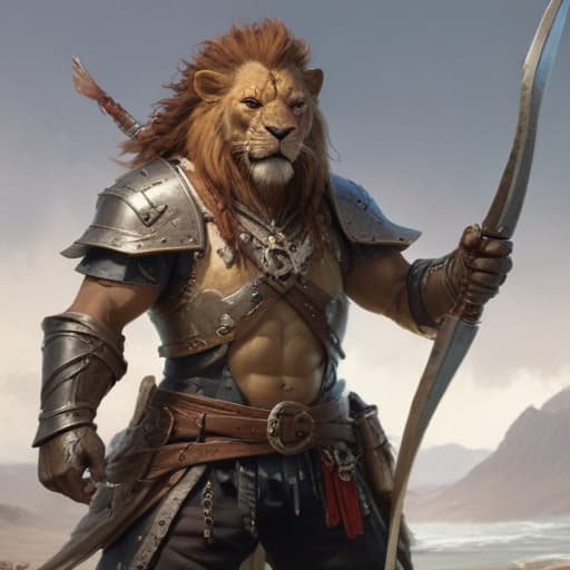 fantasy, art, dnd, roleplaying, ((Half human half lion pirate using a pike wearing a scale mail))