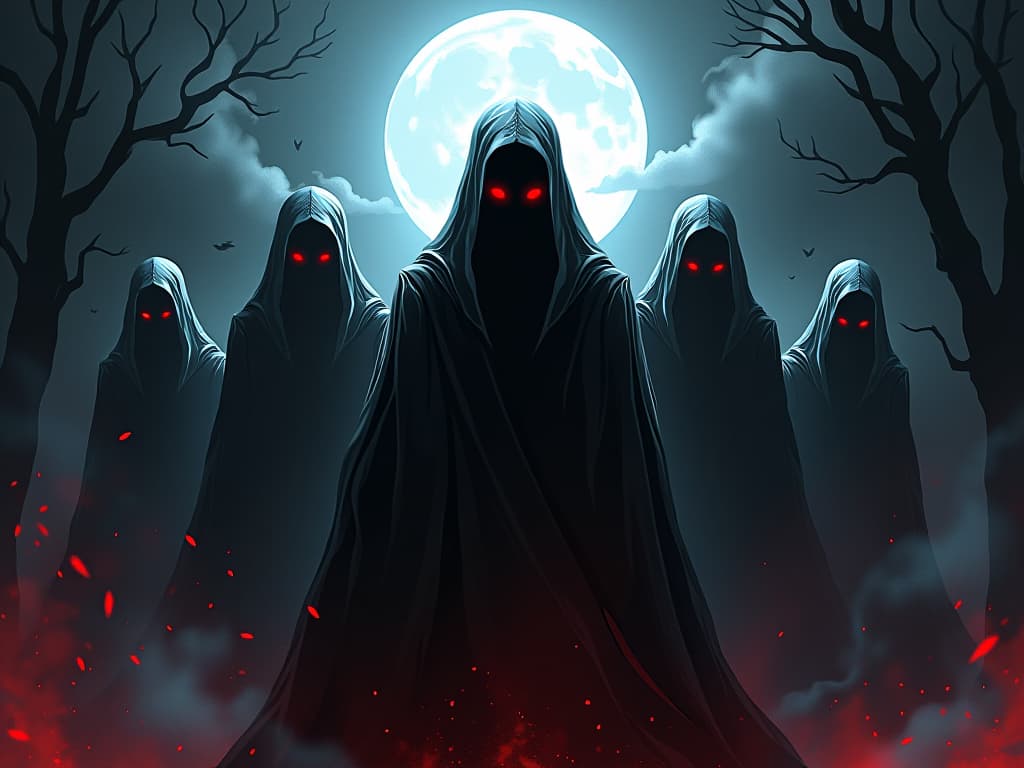  red eyed wraiths cloaked in sorrow, hollow and insatiable, standing in silvery moonlight, spectral remorse filling the air. the style is digital art illustration / modern comic book / graphic dark novel fantasy and mysterious occult, symbolic, moody lighting, esoteric vibe,high detail on character design. for the color scheme emphasize blacks and reds.