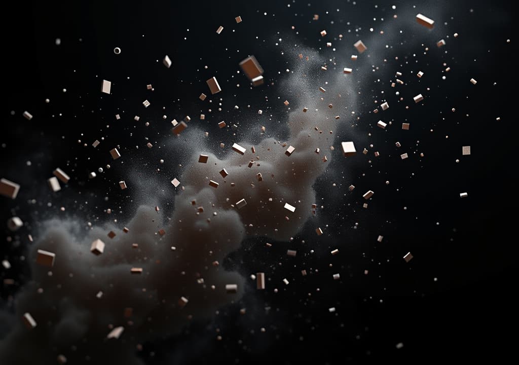  artificial intelligence rendering of debris flying on black background covered in dust