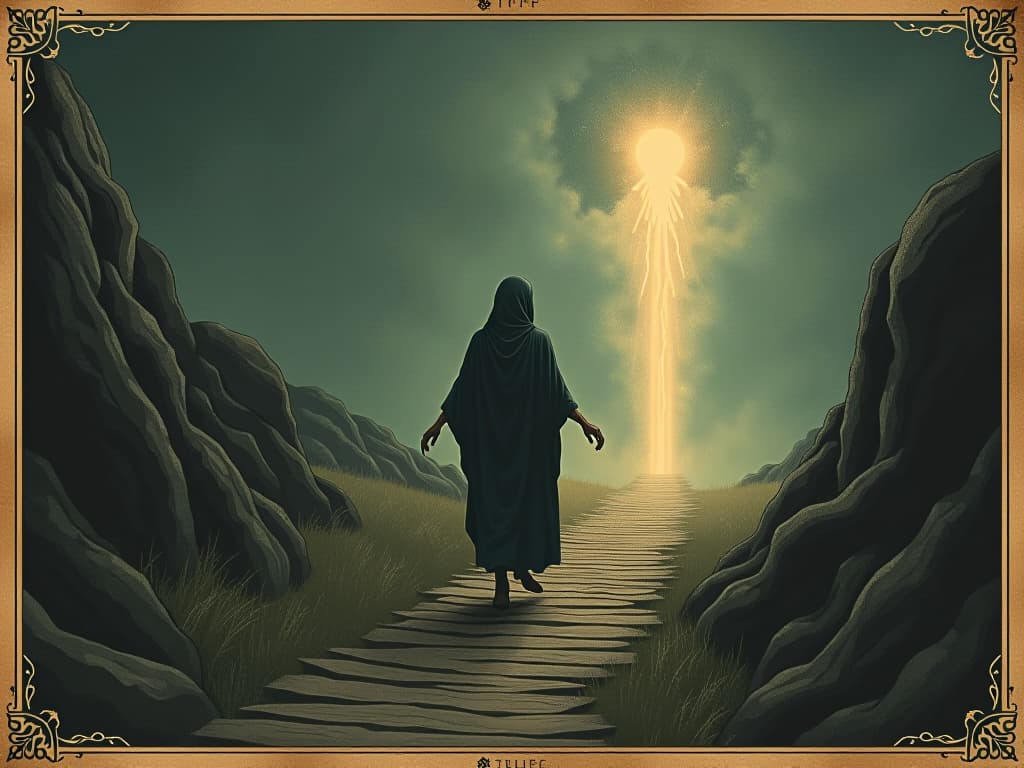  figure being pulled towards one path, ethereal light in distance, sense of determination, mysterious. an illustration in the style of a worn, mystical old tarot trump card, mysterious and elements of surrealism. the colors are muted, somber and eerie, but with contrast bring out an occult and esoteric vibe.