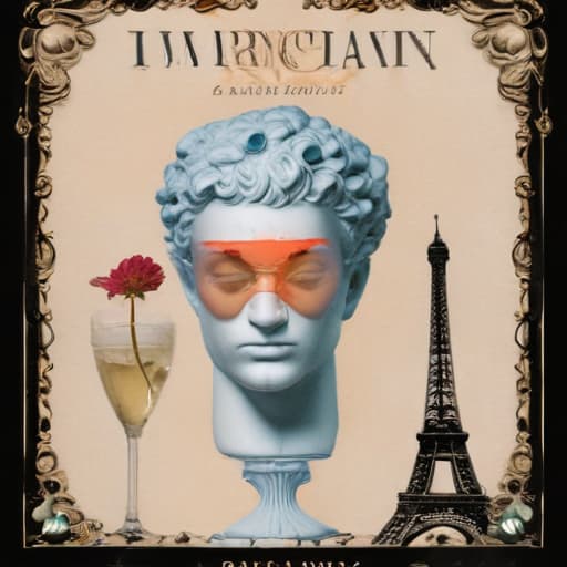 Book cover of book entitled LUDOVIC (in a vogue type font at top of page) a romance novel cult book cover aesthetic, with a collage below the title LUDOVIC featuring : a bacchus head like a Roman statue, a champagne glass, keith baring flower head drawing, and an Eiffel Tower in Mythological style with City background