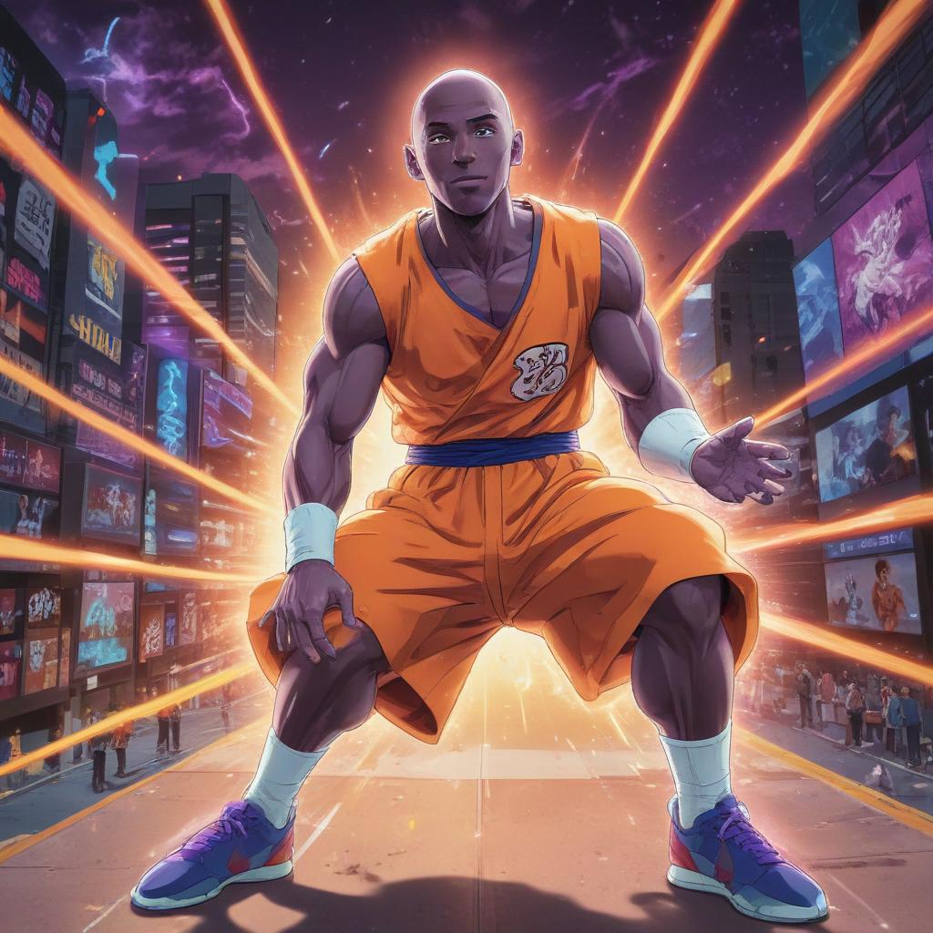 distance-shot, flashy, full-body, dynamic, holographic, animated cartoon poster of kobe scene in the style of dragon ball super