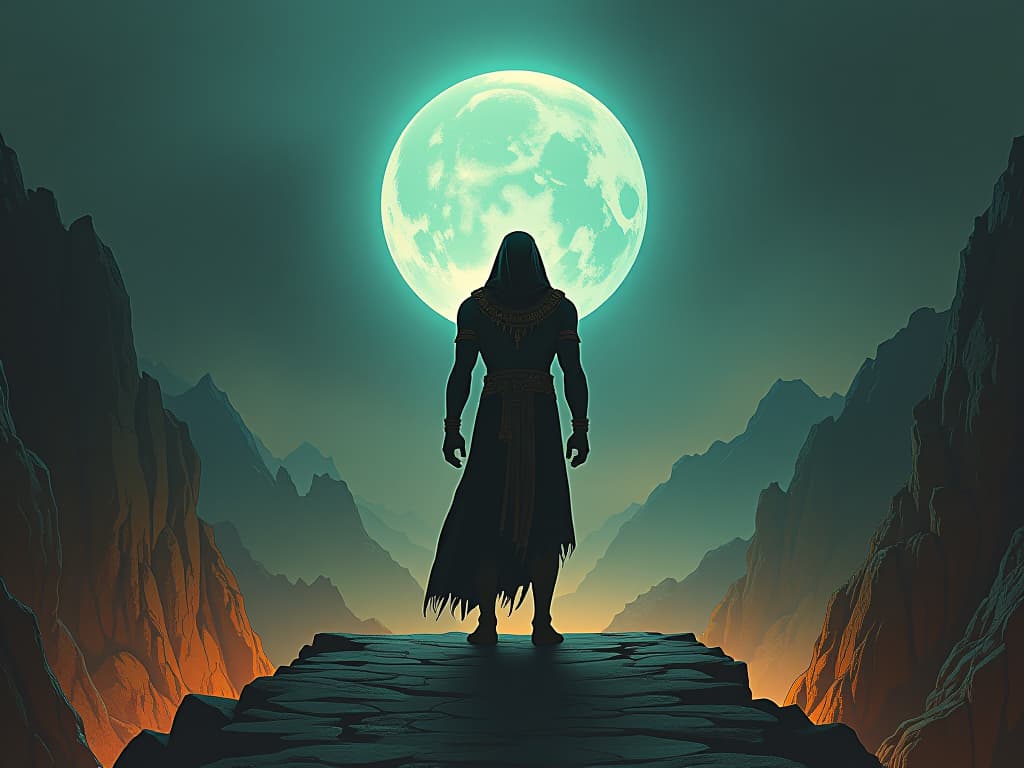  large busted figure standing on a bridge, leading from dark chaos to serene clarity, symbolizing responsibility. the style is digital art illustration / modern comic book / mysterious occult, symbolic, esoteric vibe,high detail on character design, incorporating ancient egyptian symbology and attire.