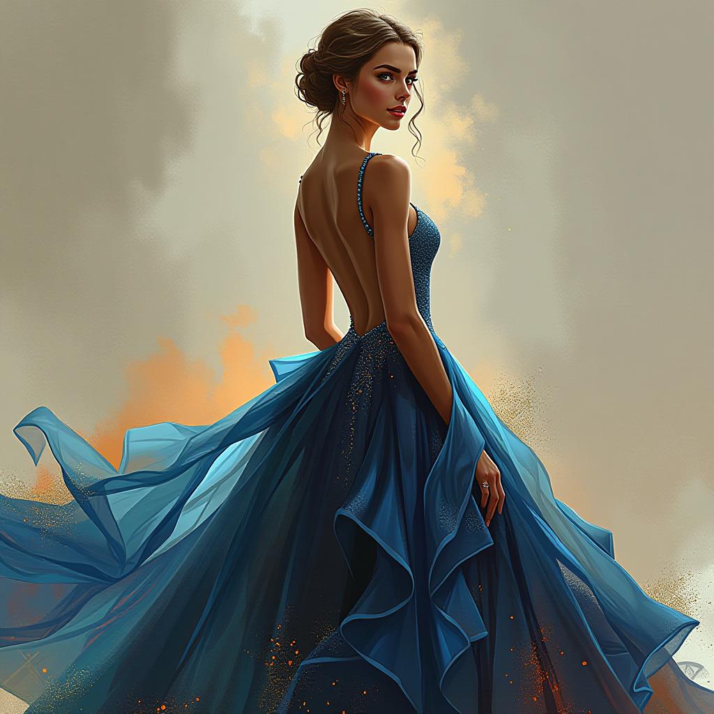  concept art woman fashion illustration, evening dresses with glitter and precious stones.. digital artwork, illustrative, painterly, matte painting, highly detailed