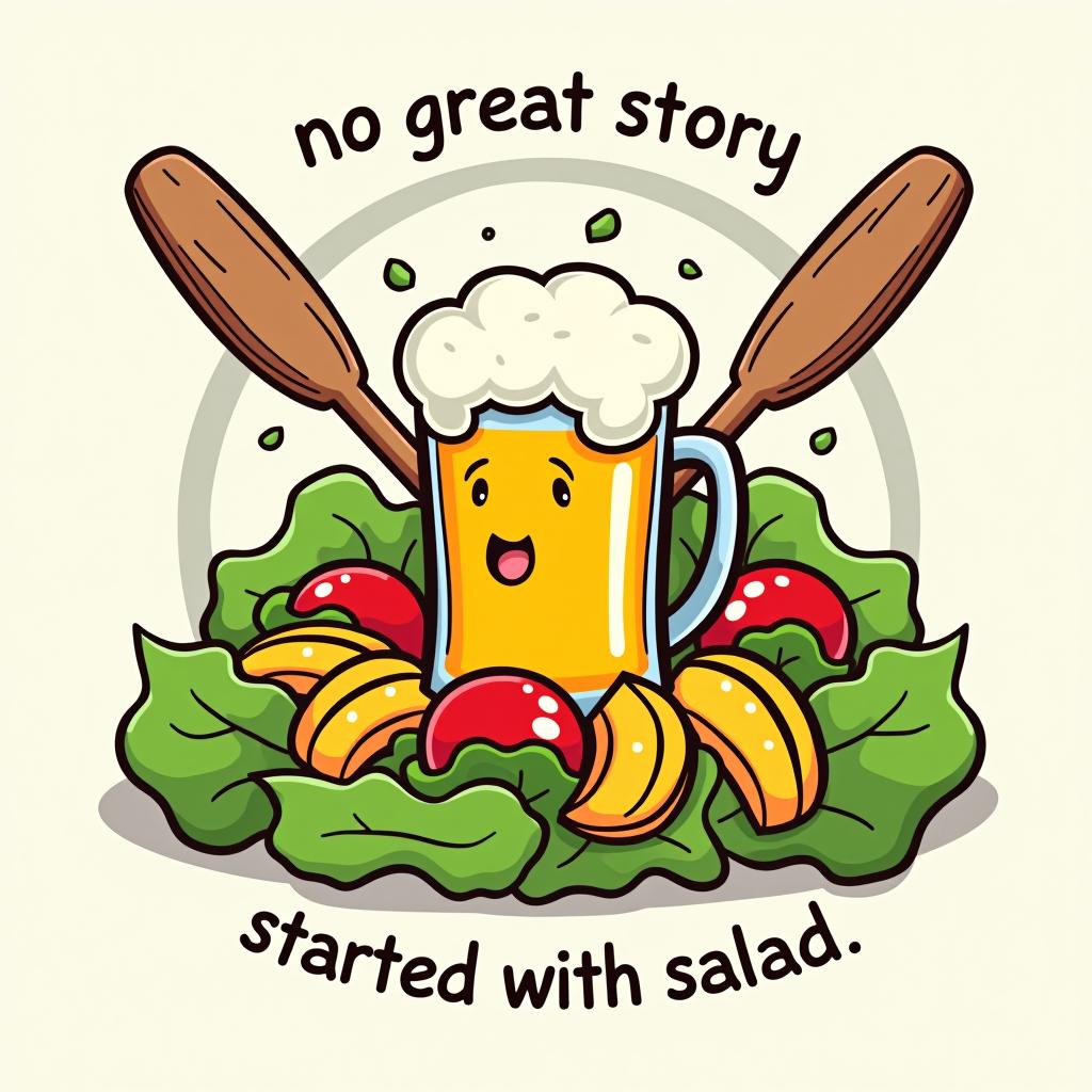  a cartoon salad crossed out, with a large beer mug in the center and the phrase 'no great story started with salad.'