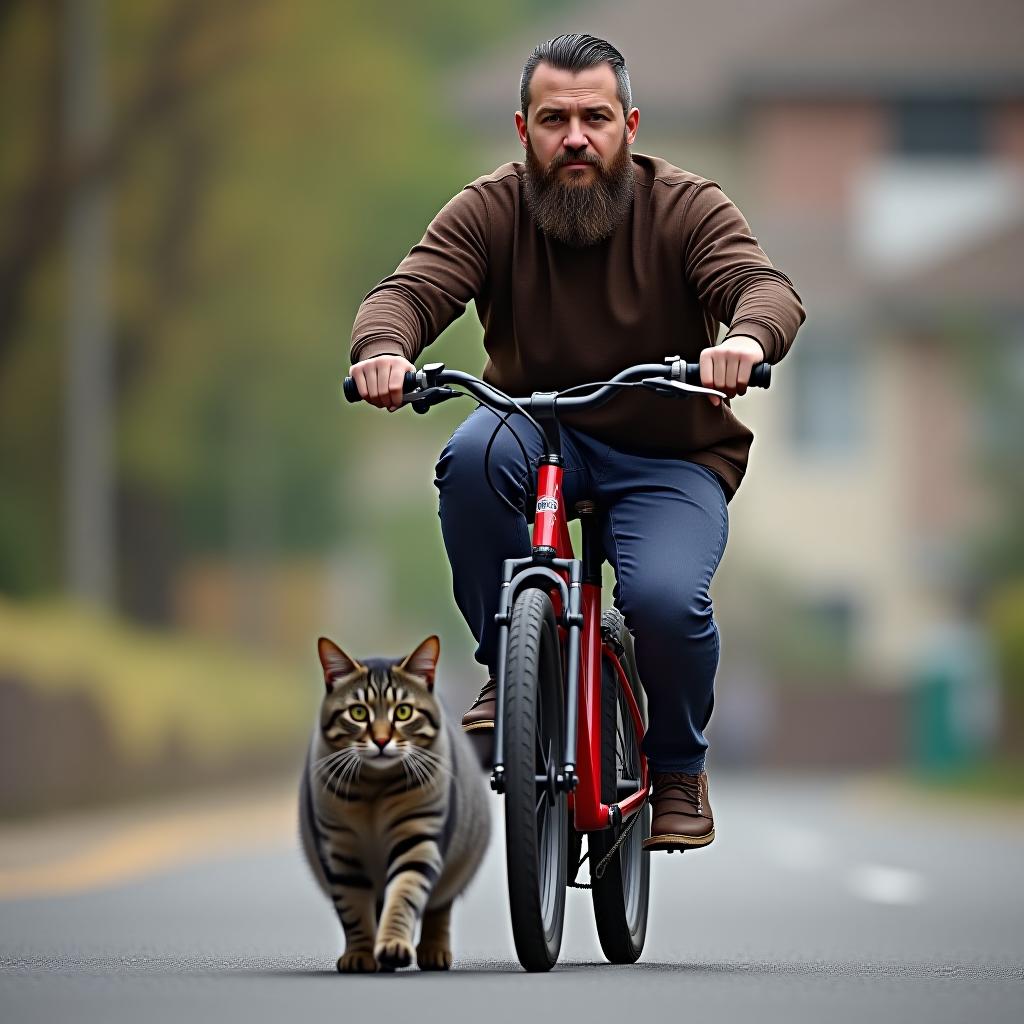  a bearded man is riding a red bike with a gray striped cat in front of him.