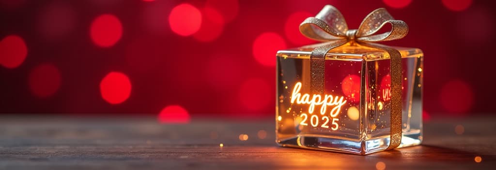  transparent glass christmas gift with glass bow, golden glowing text “happy 2025”, festive red bokeh background ar 3:1 {prompt}, maximum details