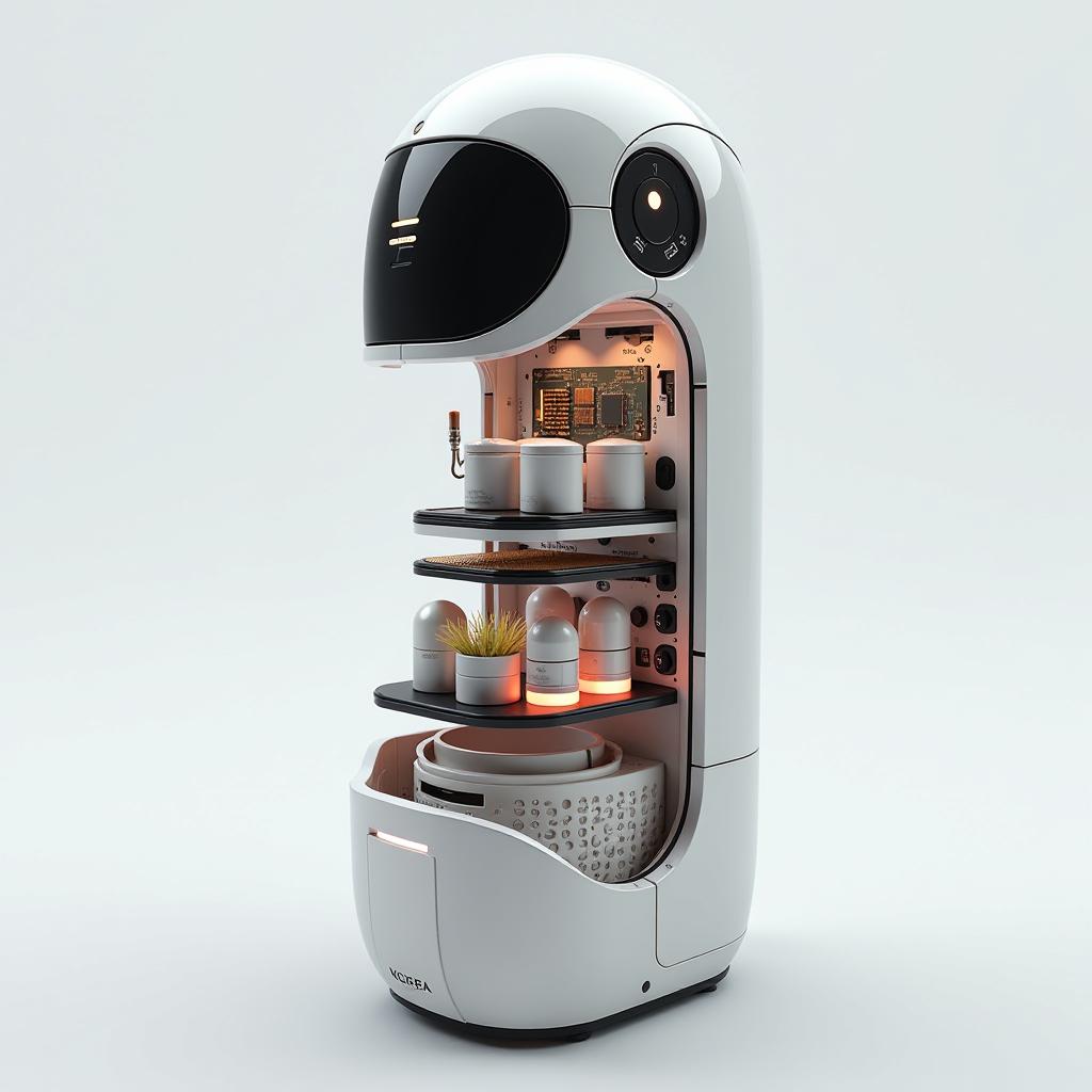  a futuristic robotic deodorant dispenser, featuring an exploded view design to showcase its intricate internal components and mechanisms. the robot is sleek and metallic, embodying advanced technology with touch sensitive controls and led indicators. the exploded view emphasizes the layering of aromatic capsules, sensors, and microprocessors, highlighting how the device dispenses fragrance in an automated manner, while visually representing a blend of functionality and modern aesthetics.