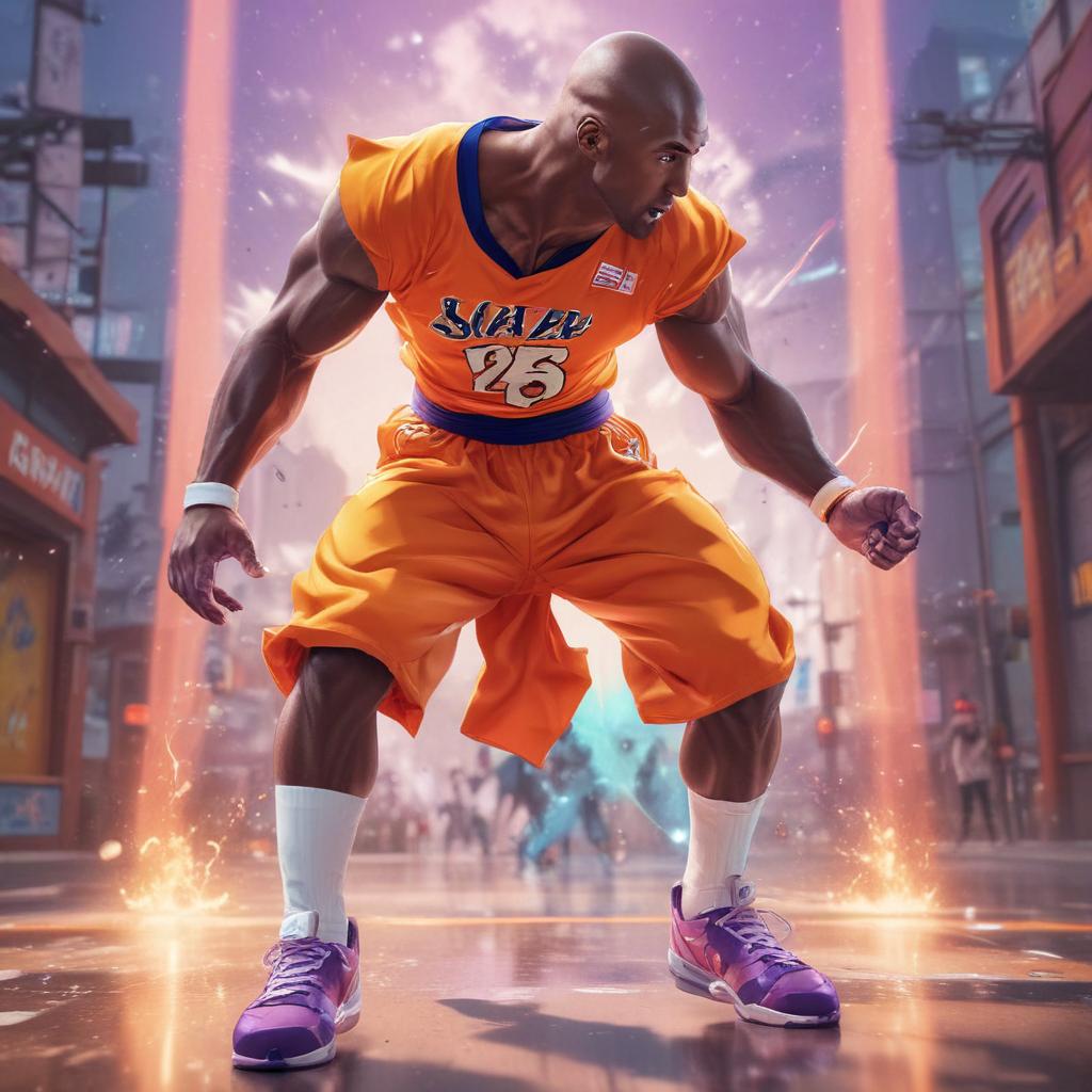 distance-shot, flashy, full-body, dynamic, holographic, animated cartoon poster of kobe scene in the style of dragon ball super