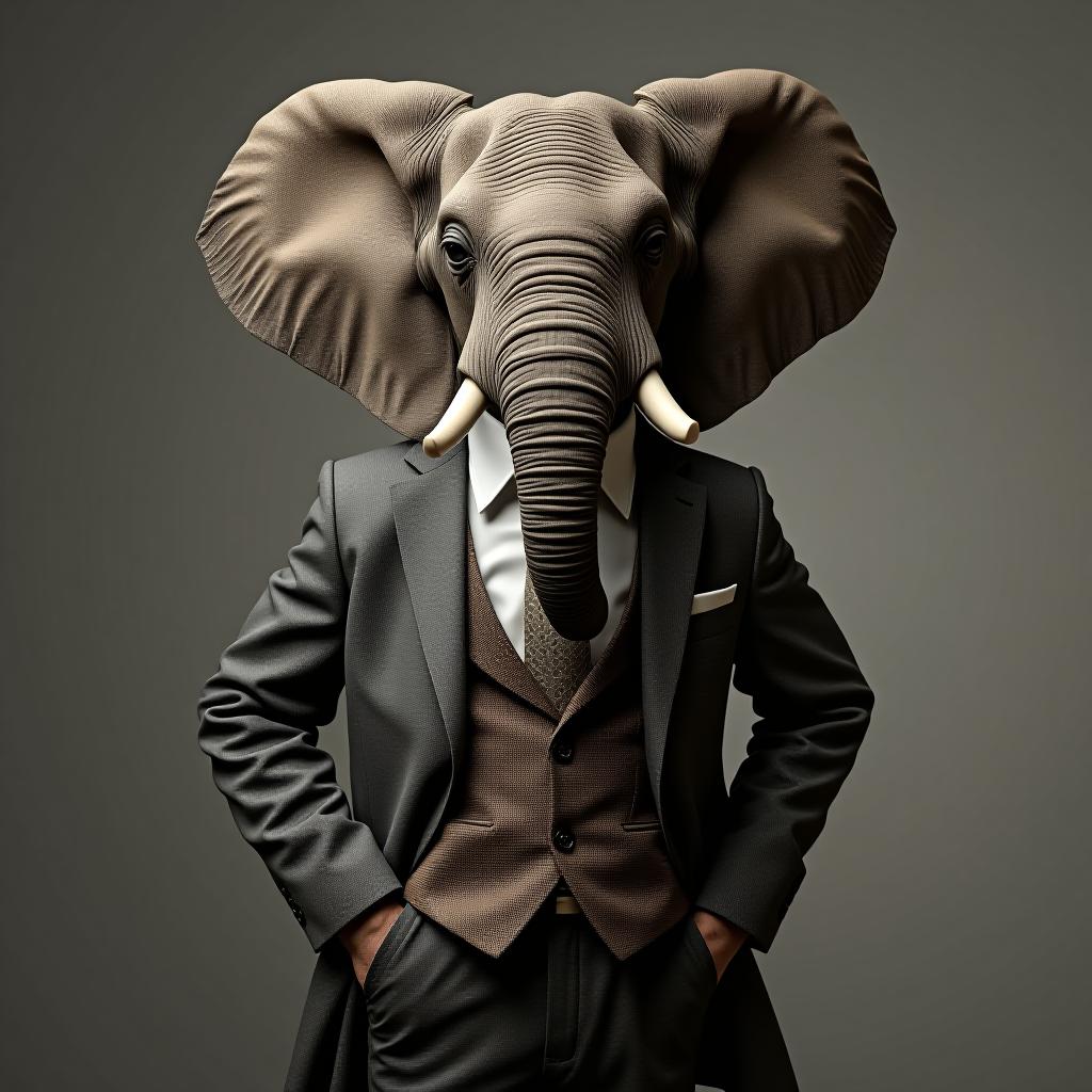  elephant dressed in a classy suit, standing as a successful leader and a confident gentleman. fashion portrait of an anthropomorphic animal posing with a charismatic