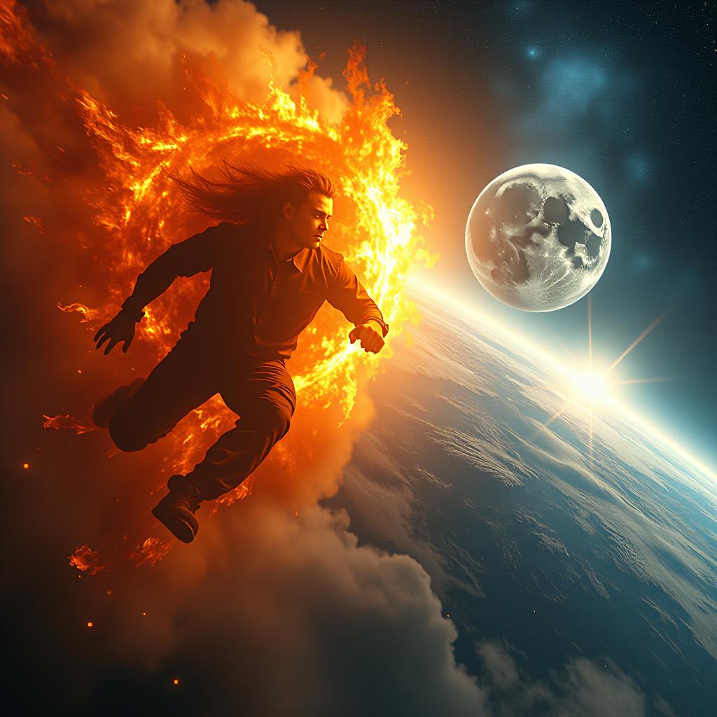  create a high quality, photorealistic image that vividly depicts the following scene: an extravagant cosmic scene captured vividly in ultra definition. the resplendent sun, personified as a burly, confident, and rememberable character, surrounded by an inferno of flames. beside him, the moon, illustrated as a suave and therewith arrogant figure, shrouded in a silvery luminance and mystery. the tension between them, palpable. the background presents the earth, majestic and vast, serving as their picturesque, spinning racetrack. captured with an olympus om d e m1 mark iii, f/2.0, iso 100, 1/20s, 33.8 mp, raw file, untweaked, employing symmetric balance for visual intrigue. the image should: focus on the specific actions, emoti hyperrealistic, full body, detailed clothing, highly detailed, cinematic lighting, stunningly beautiful, intricate, sharp focus, f/1. 8, 85mm, (centered image composition), (professionally color graded), ((bright soft diffused light)), volumetric fog, trending on instagram, trending on tumblr, HDR 4K, 8K