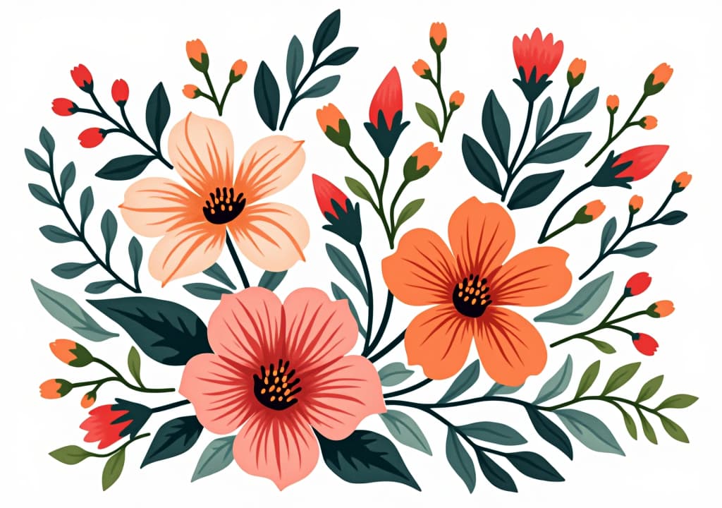  stylized vector art of flowers and leaves on a white background.