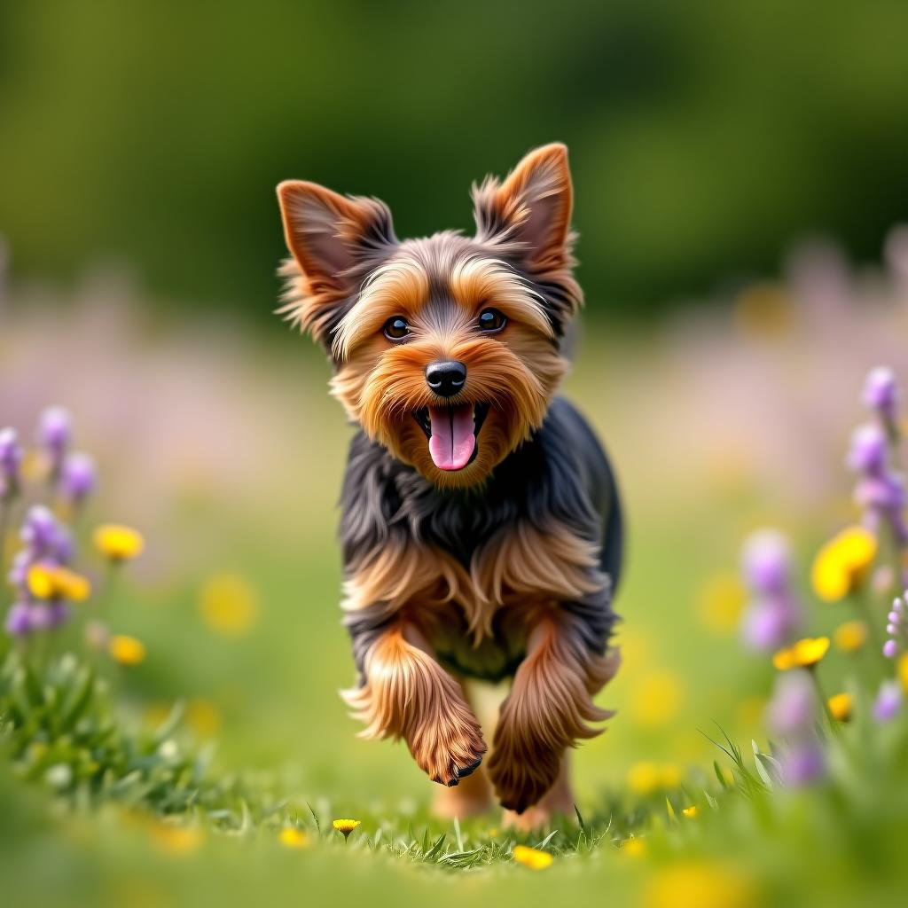  a chocolate colored yorkshire dog is happily running through a field of summer flowers in good weather.