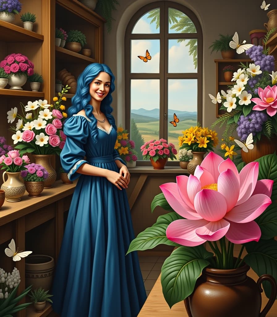  renaissance style a masterpiece. (painting. oil painting. fantastic elfish flower store with an unusual counter, shelves with pots of flowers and a very beautiful window. on the background of the window, (a counter with a beautiful fairy saleswoman, smiling, in a blue long dress and long blue hair curly, selling fantastic flowers, incredibly beautiful flowers, looking at the camera:1.5). intense close up. in the foreground, in a vase is a pink lotus flower, everywhere orchids, roses and lilies white, butterflies flying:1.5) style surrealism, fantasy. salvador doli style. . realistic, perspective, light and shadow, religious or mythological themes, highly detailed