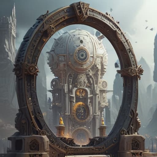 The digital artwork depicts a majestic floating city made of ancient white marble, adorned with intricate clockwork designs and glowing with a soft, ethereal light. Two colossal golem-like creatures, both adorned with mysterious runes and symbols, tower over the city, their eyes gleaming with power. In the background, a shimmering portal opens to reveal a shimmering world of gears and cogs. The overall atmosphere is one of ancient power and technological marvel, blending the past and the future seamlessly. fantastical creatures or characters inspired by mythology, folklore, or popular culture. use vibrant colors, sharp lines, intricate details, dynamic poses, dramatic lighting, atmospheric backgrounds, and blend anime, manga, and Western co