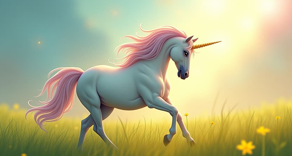  a beautiful, serene unicorn, its mane flowing elegantly, mistaken looks of bystanders. bright meadow, soft lighting, symbolizes misjudgment.. the style is digital art illustration,highly detailed, whimsical,magical, dreamlike atmosphere, realism and fantasy blend, smooth, glossy textures,luminous quality, wonder and enchantment.