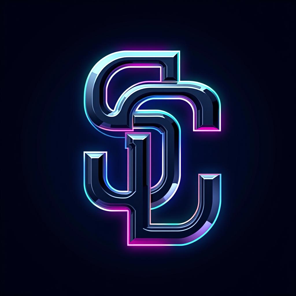  use the letters jc and make them look like the san diego padres logo, (logo), advanced, high tech, sleek, sci fi, abstract, digital elements, metallic, neon colors, progressive