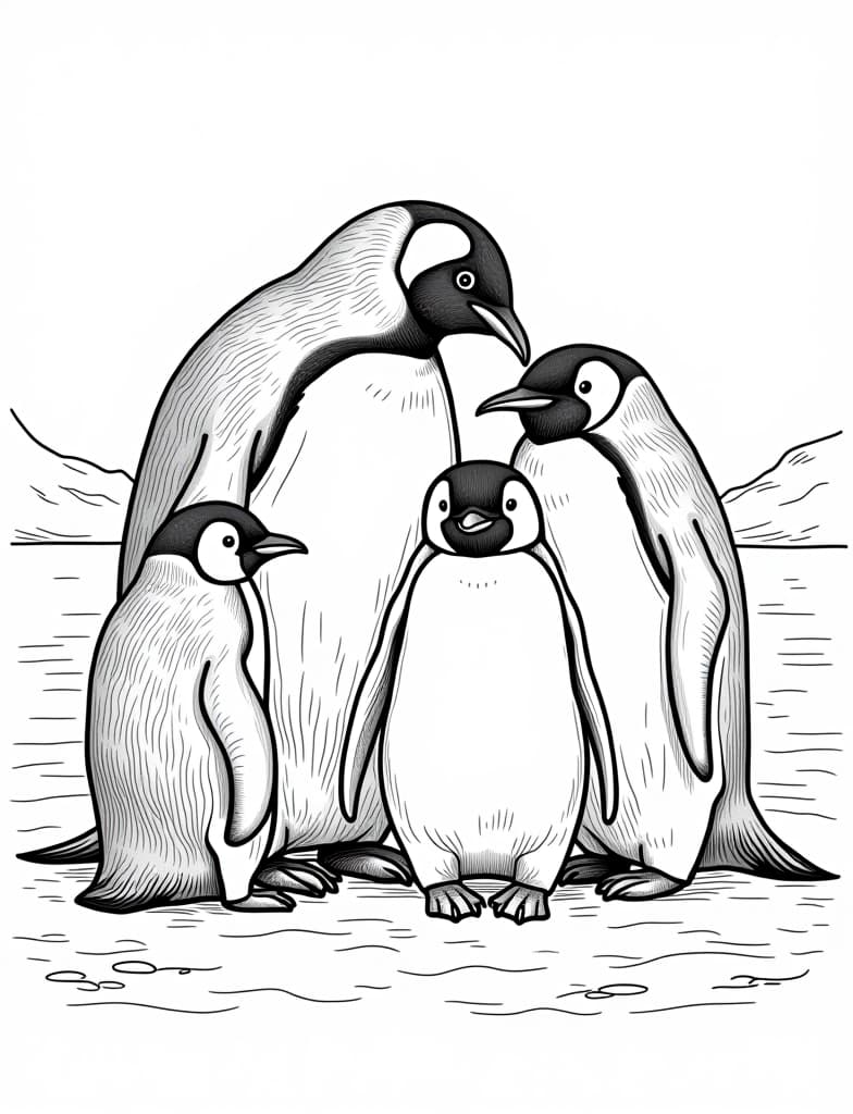  this is for an adult coloring page. a detailed black and white line art of a snowy family of penguins huddled together on an icy surface on a solid white background.