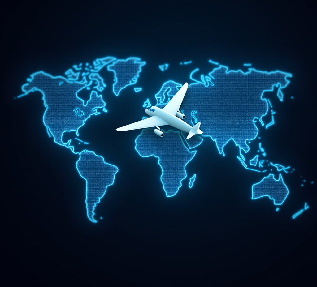  airplane flying over a world map, depicting global network, information exchange, and international data transfer