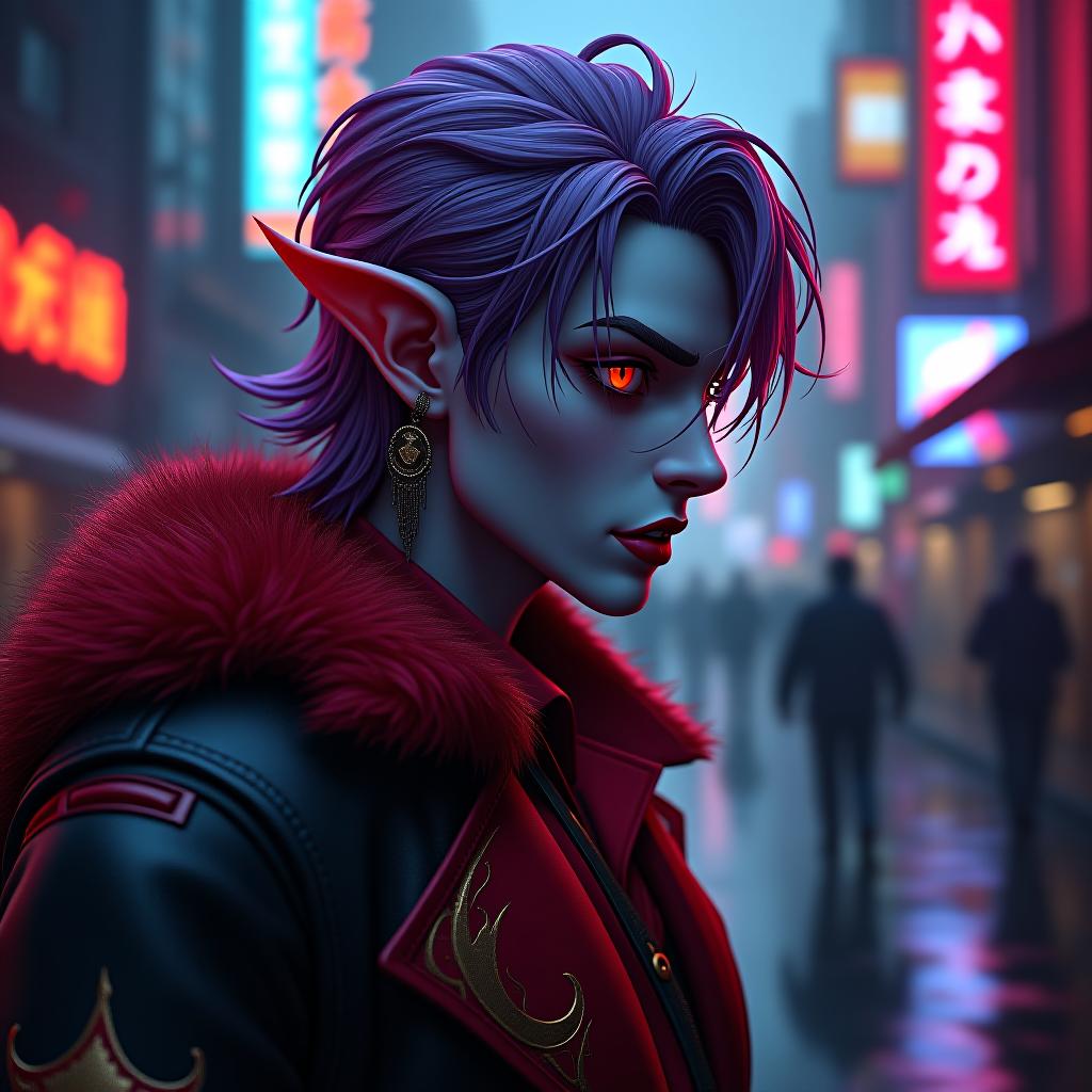  neon noir dark elf male pirate marble white skin, purple scarlet hair, lavender eyes with a red tint, dressed in a red violet shirt embroidered with red gold over the shirt wears a leather coat with a fur collar of dark scarlet, disheveled hair. an earring in the right ear, in the shape of a month. tattoo of a jagged crescent moon near the left eye socket the crescent moon is turned towards the eye . cyberpunk, dark, rainy streets, neon signs, high contrast, low light, vibrant, highly detailed hyperrealistic, full body, detailed clothing, highly detailed, cinematic lighting, stunningly beautiful, intricate, sharp focus, f/1. 8, 85mm, (centered image composition), (professionally color graded), ((bright soft diffused light)), volumetric fog, trending on instagram, trending on tumblr, HDR 4K, 8K