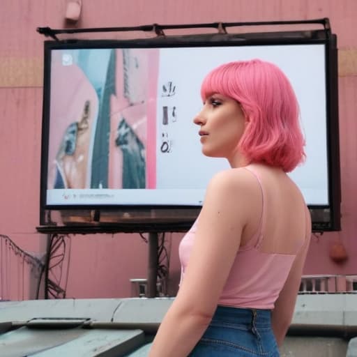 a lady with pink middle length hair stand on the rooftop looking at a picture of transgender lady that looks like her on the billboard