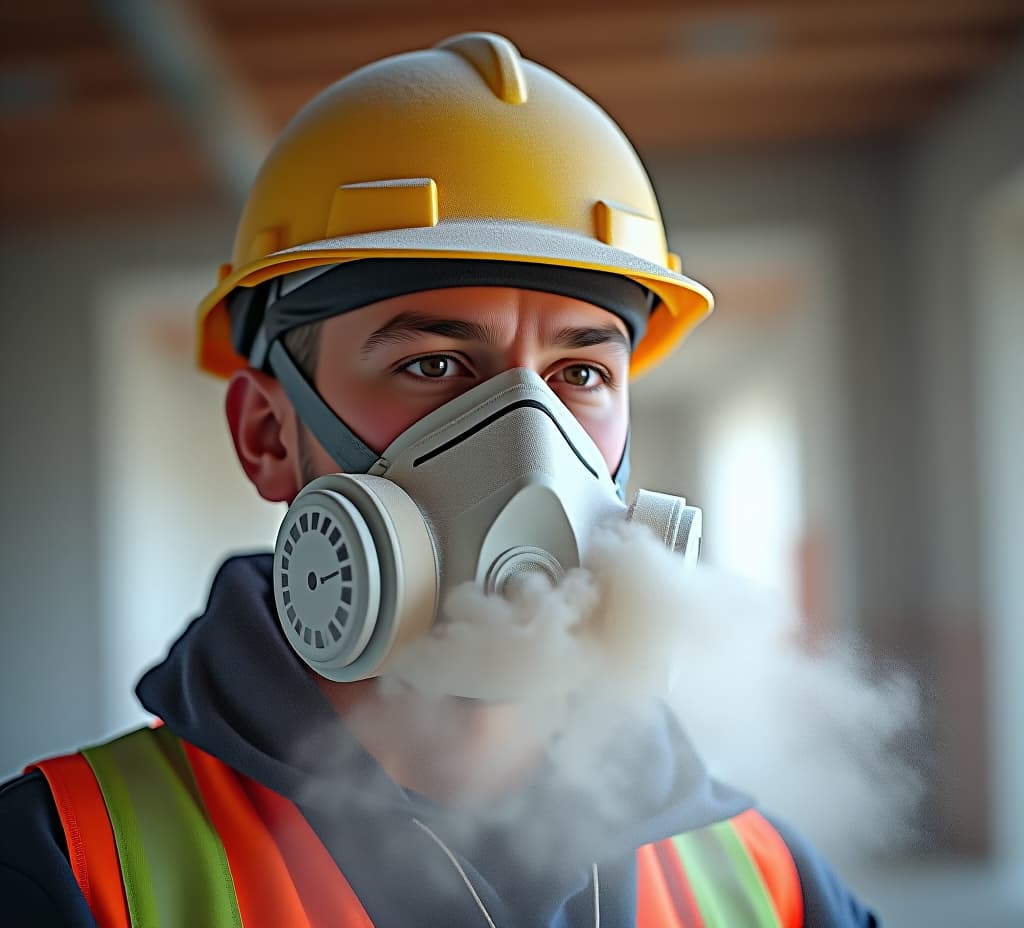  professional construction worker wearing a high grade dust mask, surrounded by lot of floating particles of glass wool dust in a construction site