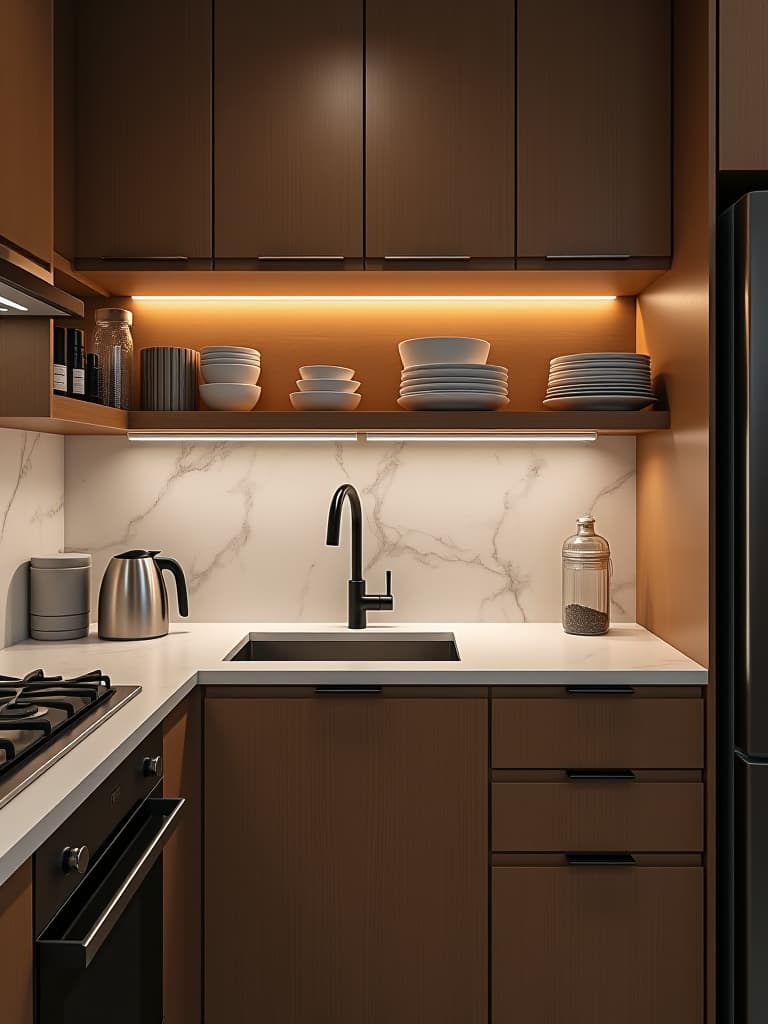  high quality portrait photo of a small kitchen featuring a statement backsplash, open shelving with organized dishes, and under cabinet lighting illuminating a compact workspace hyperrealistic, full body, detailed clothing, highly detailed, cinematic lighting, stunningly beautiful, intricate, sharp focus, f/1. 8, 85mm, (centered image composition), (professionally color graded), ((bright soft diffused light)), volumetric fog, trending on instagram, trending on tumblr, HDR 4K, 8K