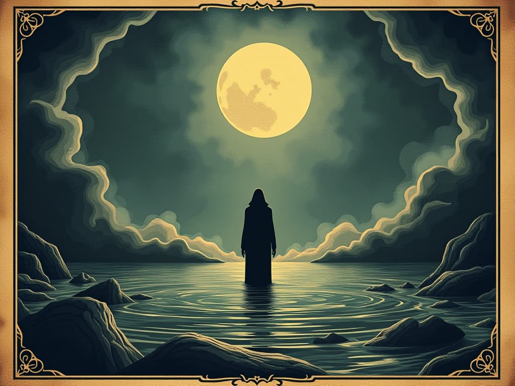  a figure standing alone in serene waters, untouched by surrounding storm, figure's calm presence contrasts with wild elements, peace, resilience. an illustration in the style of a worn, mystical old tarot trump card, mysterious and elements of surrealism. the colors are muted, somber and eerie, but with contrast bring out an occult and esoteric vibe.