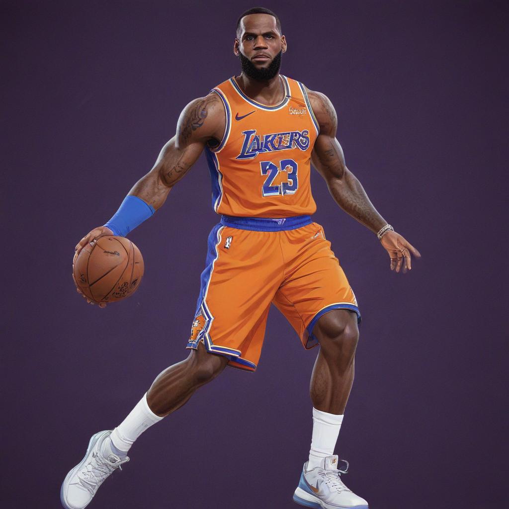 distance-shot, flashy, full-body, dynamic, holographic, animated cartoon poster of lebron james in the style of dragon ball super