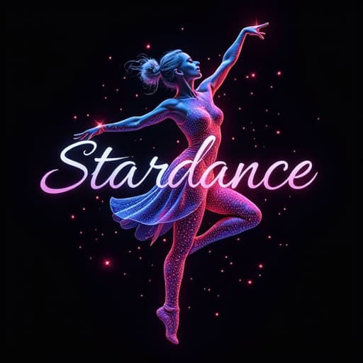  futuristic logoa vibrant, colorful dancer logo with intricate details, the word "stardance" written in a futuristic font, entire design should be set against a solid black background.given brand name "dance studio" logo will also be written hyperrealistic, full body, detailed clothing, highly detailed, cinematic lighting, stunningly beautiful, intricate, sharp focus, f/1. 8, 85mm, (centered image composition), (professionally color graded), ((bright soft diffused light)), volumetric fog, trending on instagram, trending on tumblr, HDR 4K, 8K